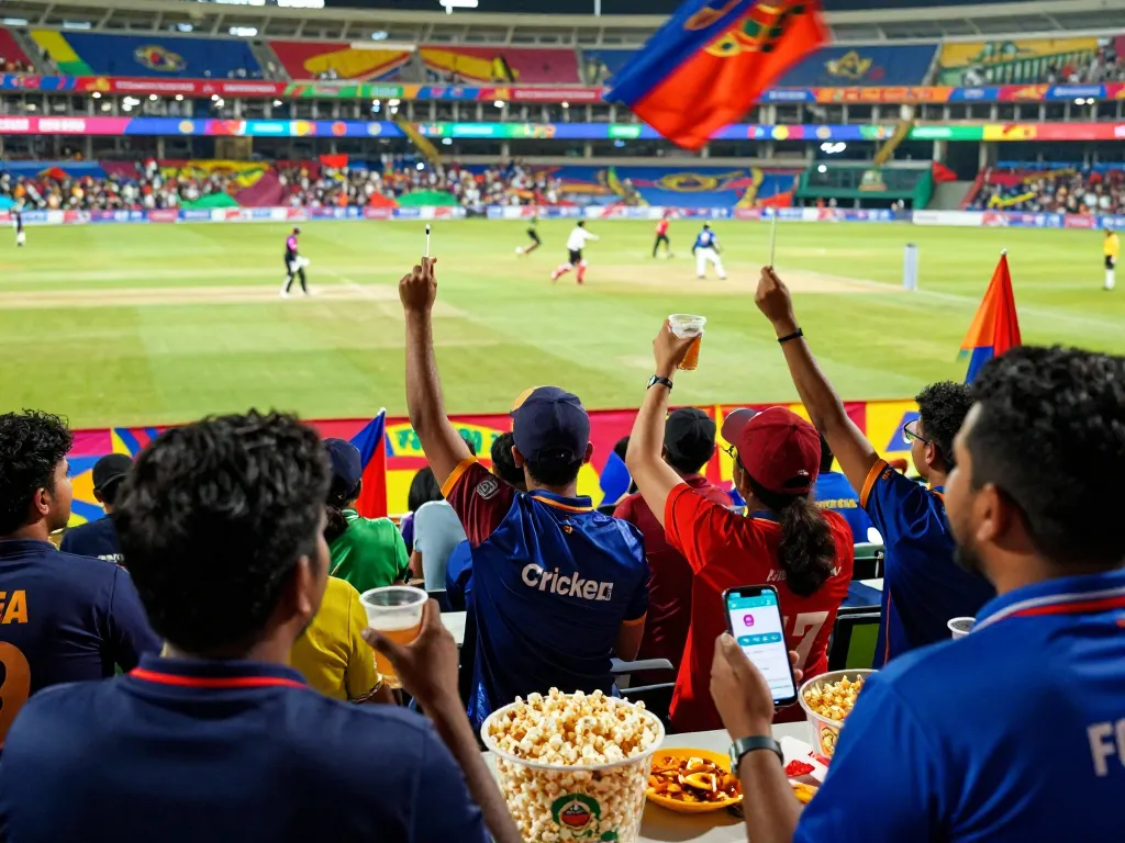 Excited fans at a cricket stadium engaging in live betting with the Crickex app, enjoying the game atmosphere.