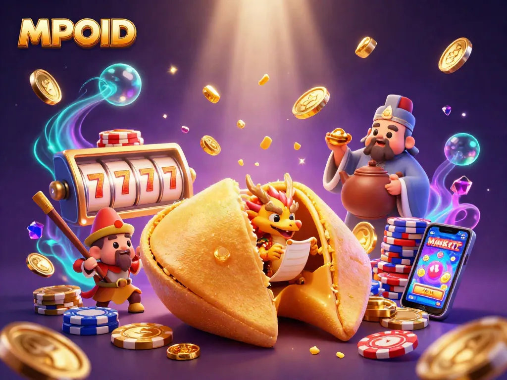 MPOID illustrates an exciting casino scene with a golden fortune cookie, a wise dragon, and slot machine elements for immersive gaming.
