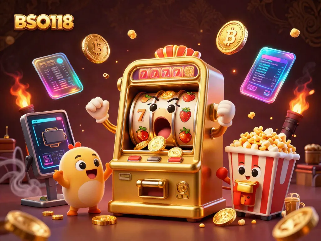 BSO118 slot machine hitting a jackpot with coins pouring, accompanied by cheering smaller slot machines.