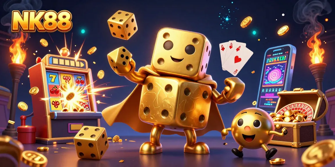 Engage with NK88's vibrant 3D casino illustration showcasing exciting gaming adventures with animation and colors.