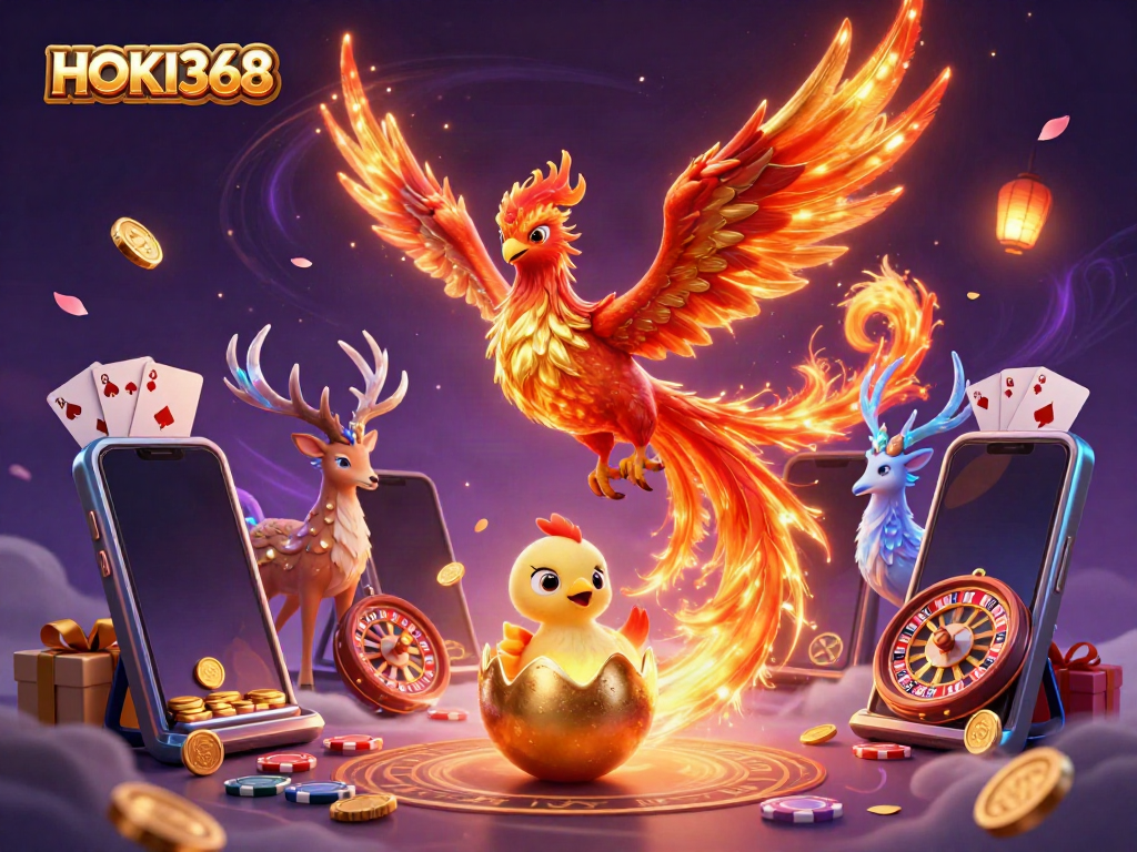 Experience thrilling slots with HOKI368 featuring a stunning phoenix and dynamic game elements.