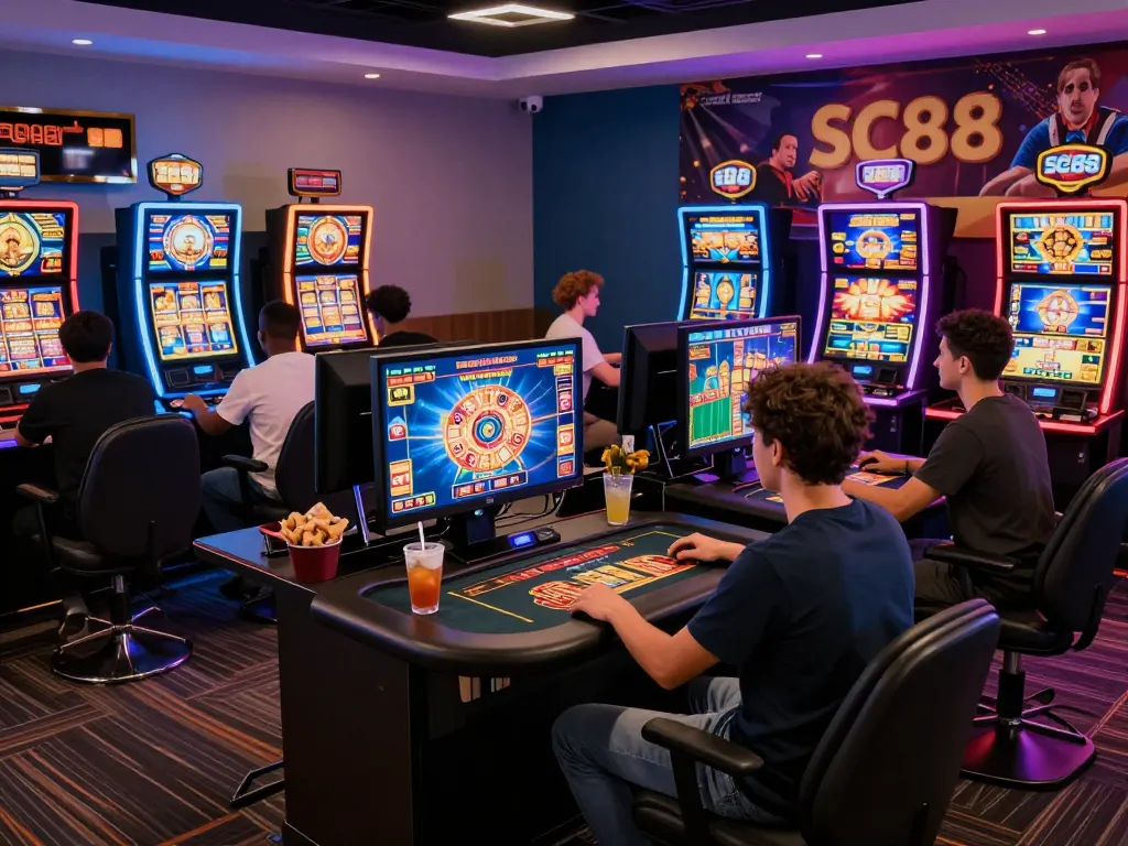 Exciting scene of players immersed in Nhà Cái SC88 online gaming with vibrant visuals, showcasing engaging casino experiences.