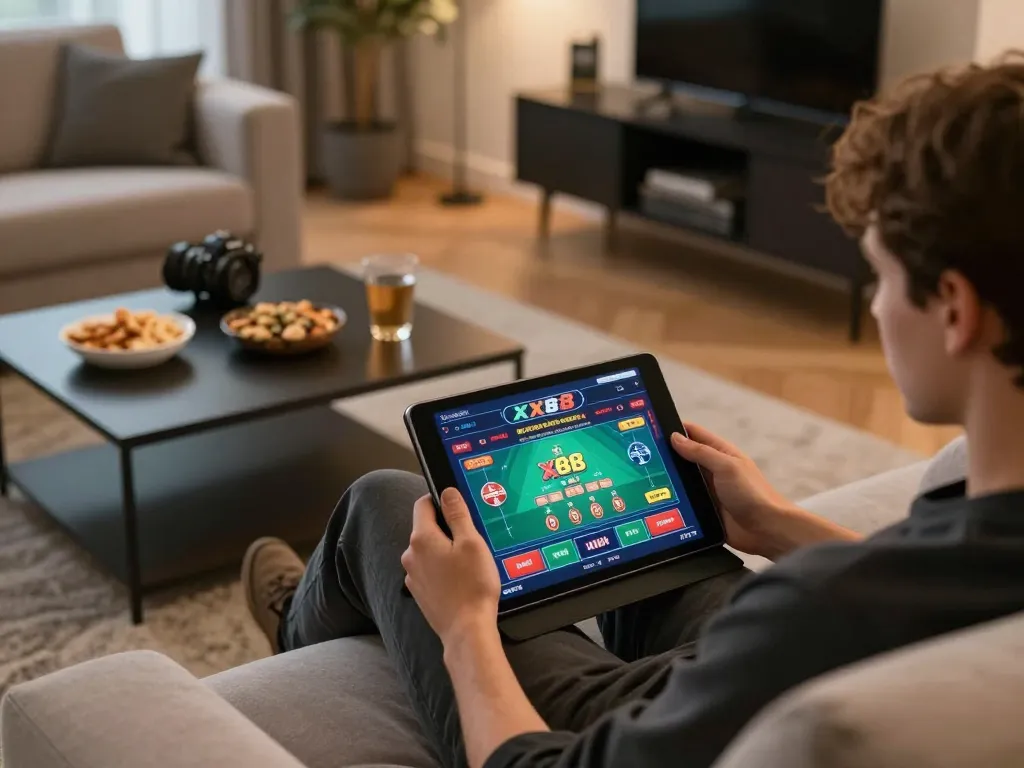 Player engaging with live dealer games on xx88 using a tablet in a cozy living room.