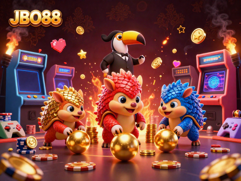 Engage with JBO88 as rival pangolins roll through poker chips in a colorful gaming scene.